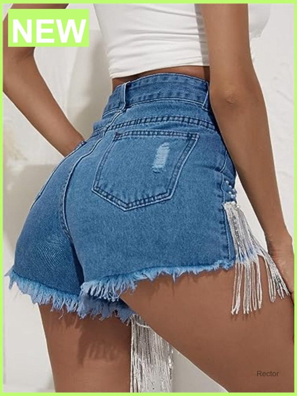 High Rise Rhinestone Fringe Denim Shorts - Distressed Ripped Jean - Picture 3 of 7